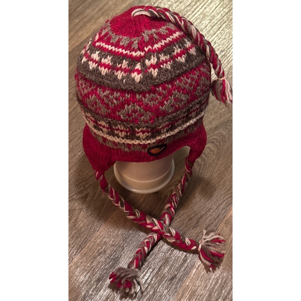 Everest Designs Ear Flap Hat Wool Fair Isle Fleece Lined Tassels Nepal Red Warm